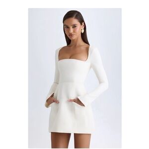Oh Polly White Square-Neck Long-Sleeve Mini Dress